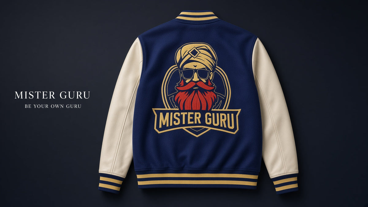 Team Guru varsity jacket, navy body and cream sleeves